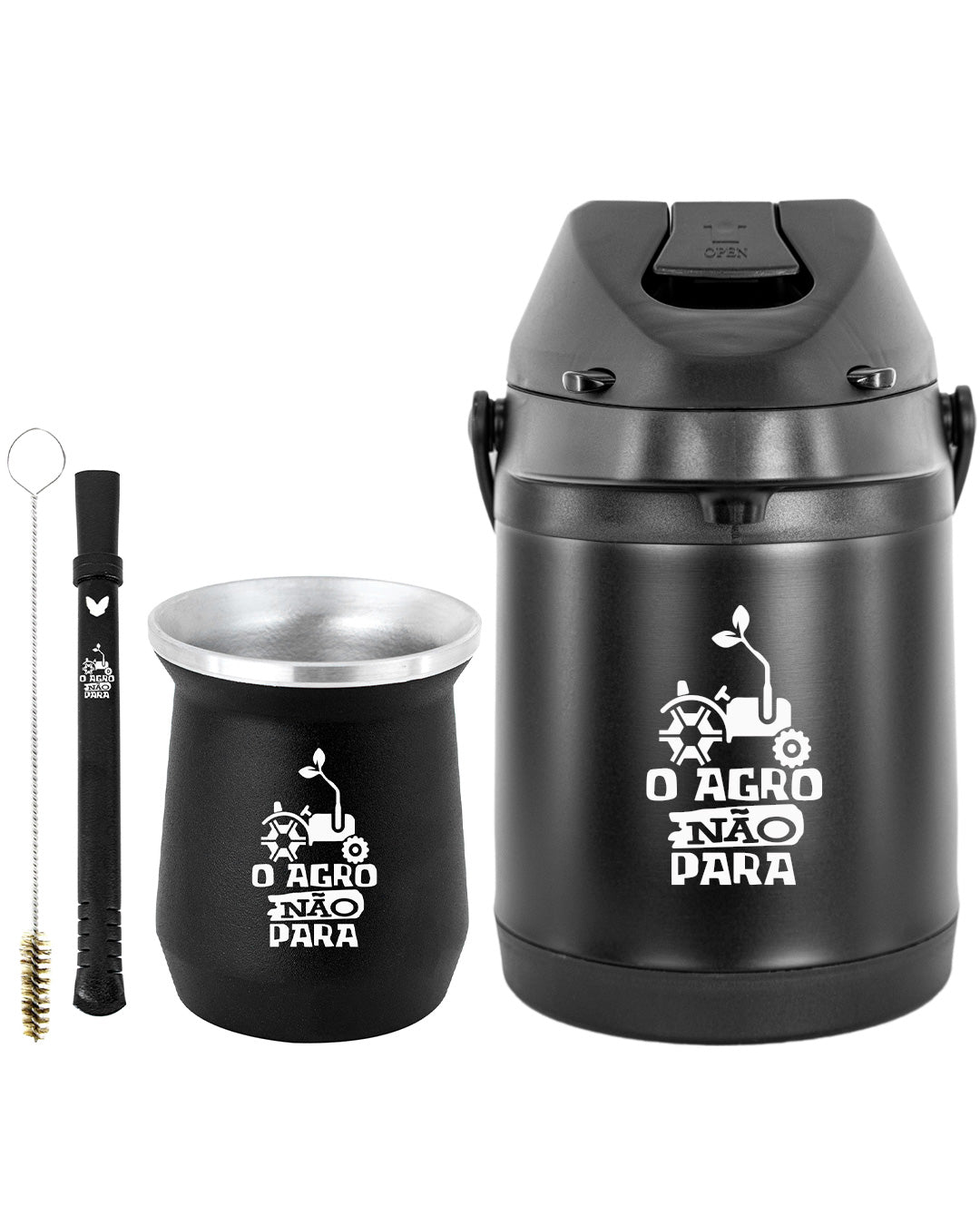 Kit Tereré Econo Copo Bomba Garrafa Térmica Preto 2.5l O Agro Não Para
