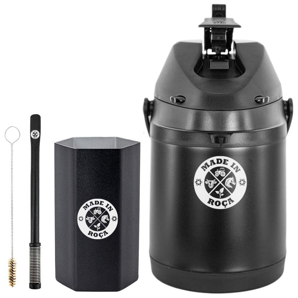 Kit Tereré Premium Copo Bomba Garrafa Térmica Preto 2.5l Logo Made in Roça