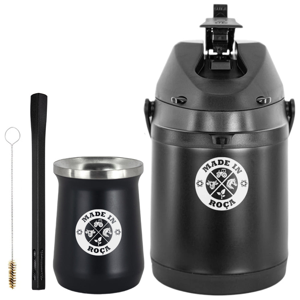 Kit Tereré Premium Copo Bomba Garrafa Térmica Preto 2.5l Logo Made in Roça
