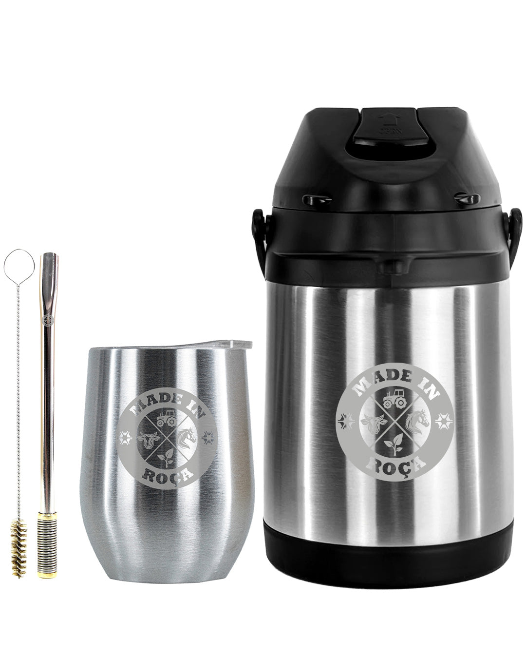 Kit Tereré Premium Copo Bomba Garrafa Térmica Inox 2.5l Logo Made In Roça