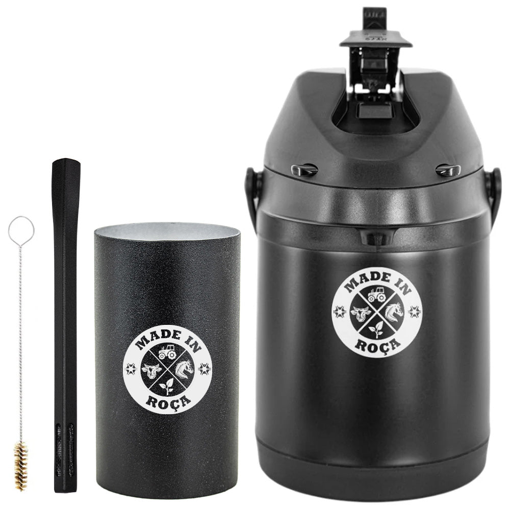Kit Tereré Premium Copo Bomba Garrafa Térmica Preto 2.5l Logo Made in Roça