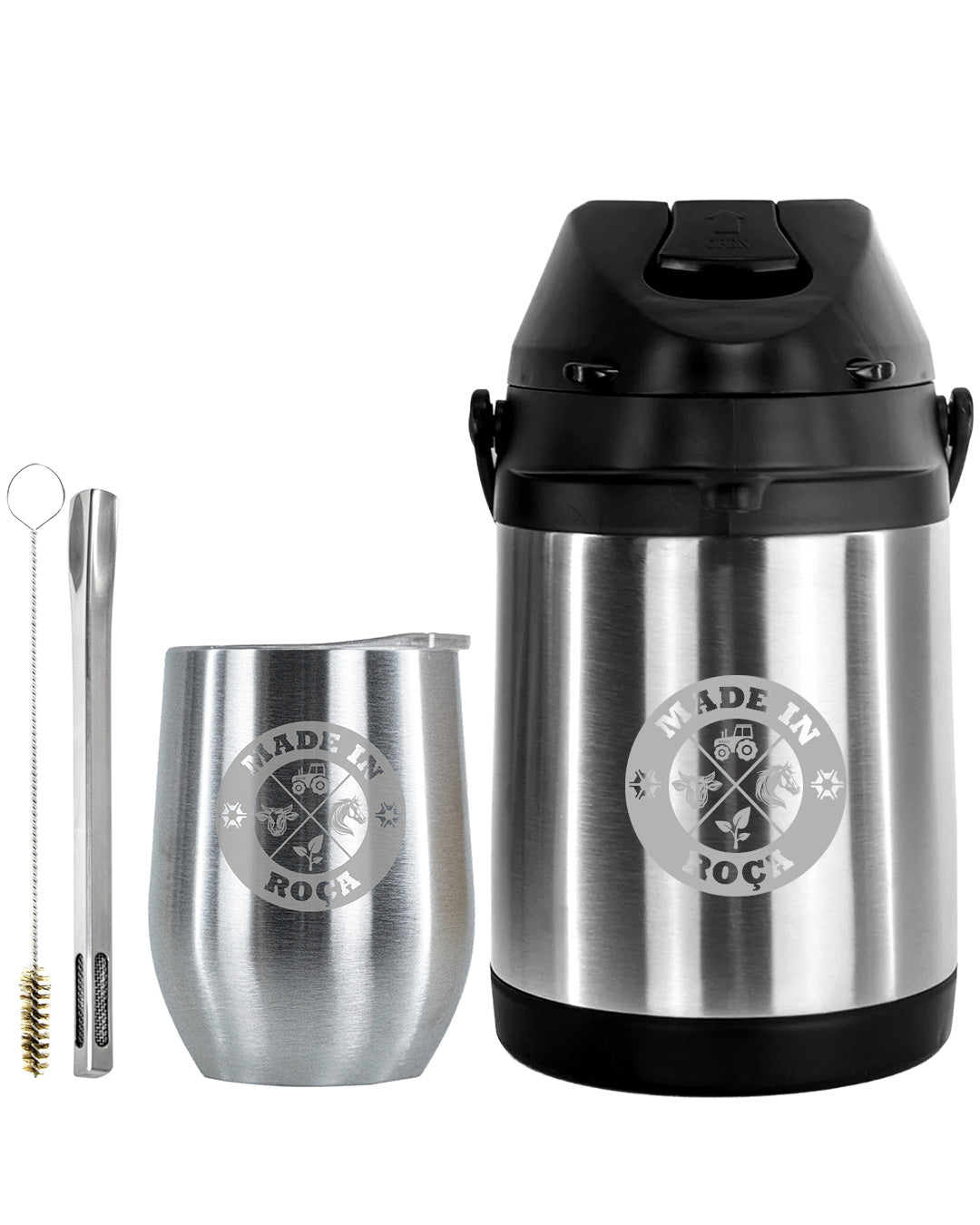 Kit Tereré Premium Copo Bomba Garrafa Térmica Inox 2.5l Logo Made In Roça