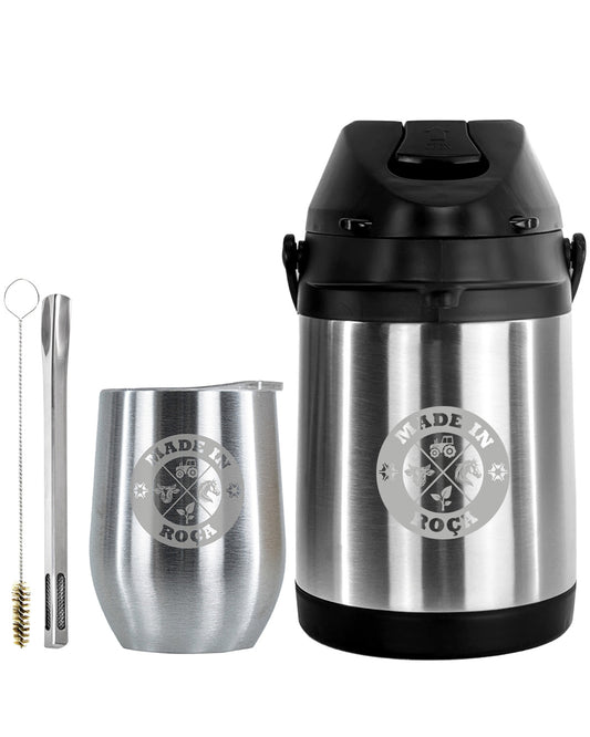 Kit Tereré Premium Copo Bomba Garrafa Térmica Inox 2.5l Logo Made In Roça