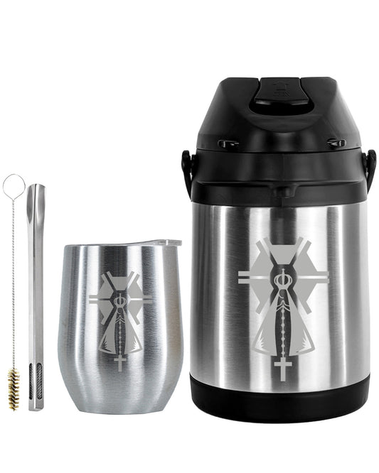 Kit Tereré Premium Copo Bomba Garrafa Térmica Inox 2.5l Nossa Senhora Agro