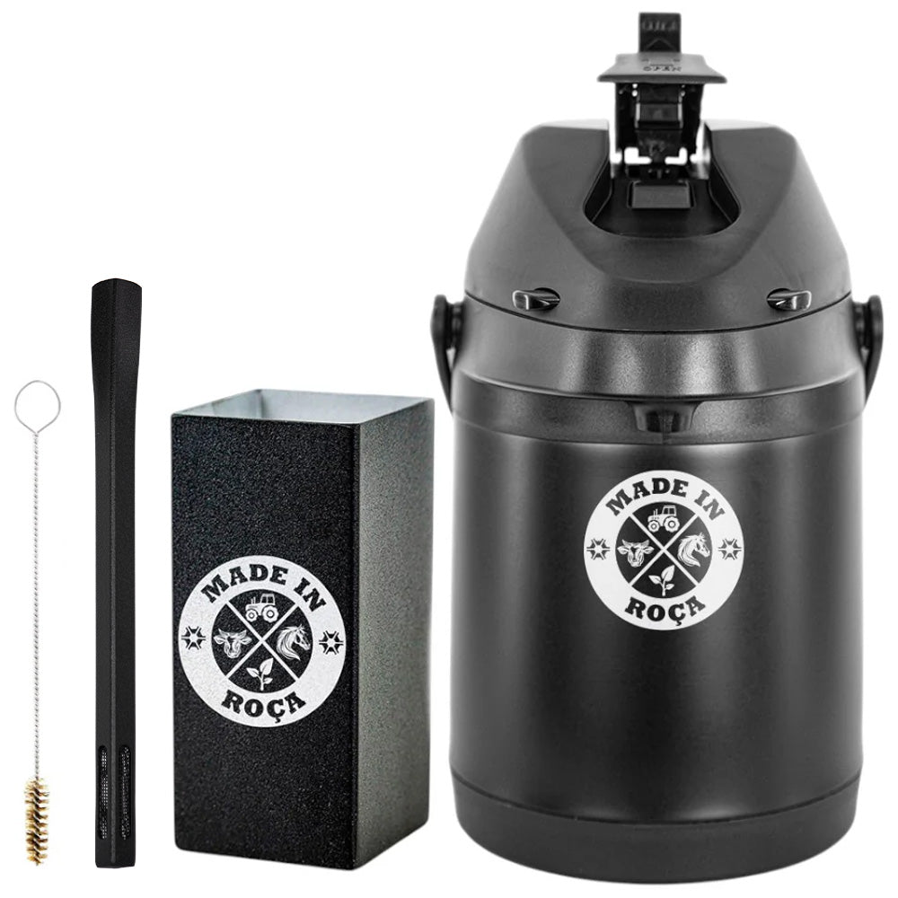 Kit Tereré Premium Copo Bomba Garrafa Térmica Preto 2.5l Logo Made in Roça