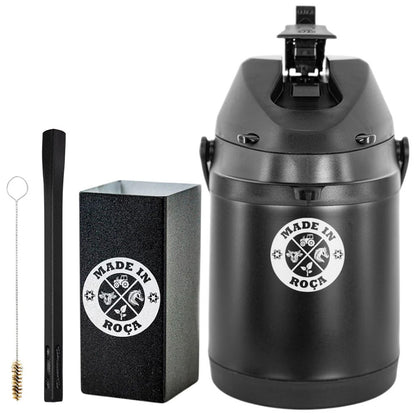 Kit Tereré Premium Copo Bomba Garrafa Térmica Preto 2.5l Logo Made in Roça