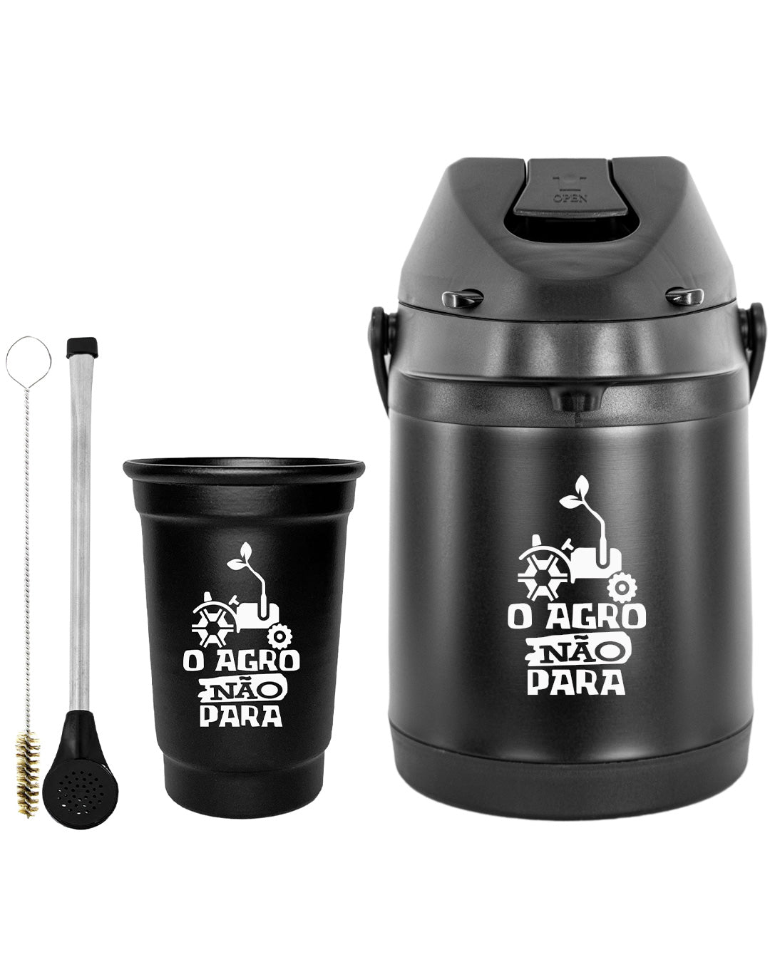 Kit Tereré Econo Copo Bomba Garrafa Térmica Preto 2.5l O Agro Não Para