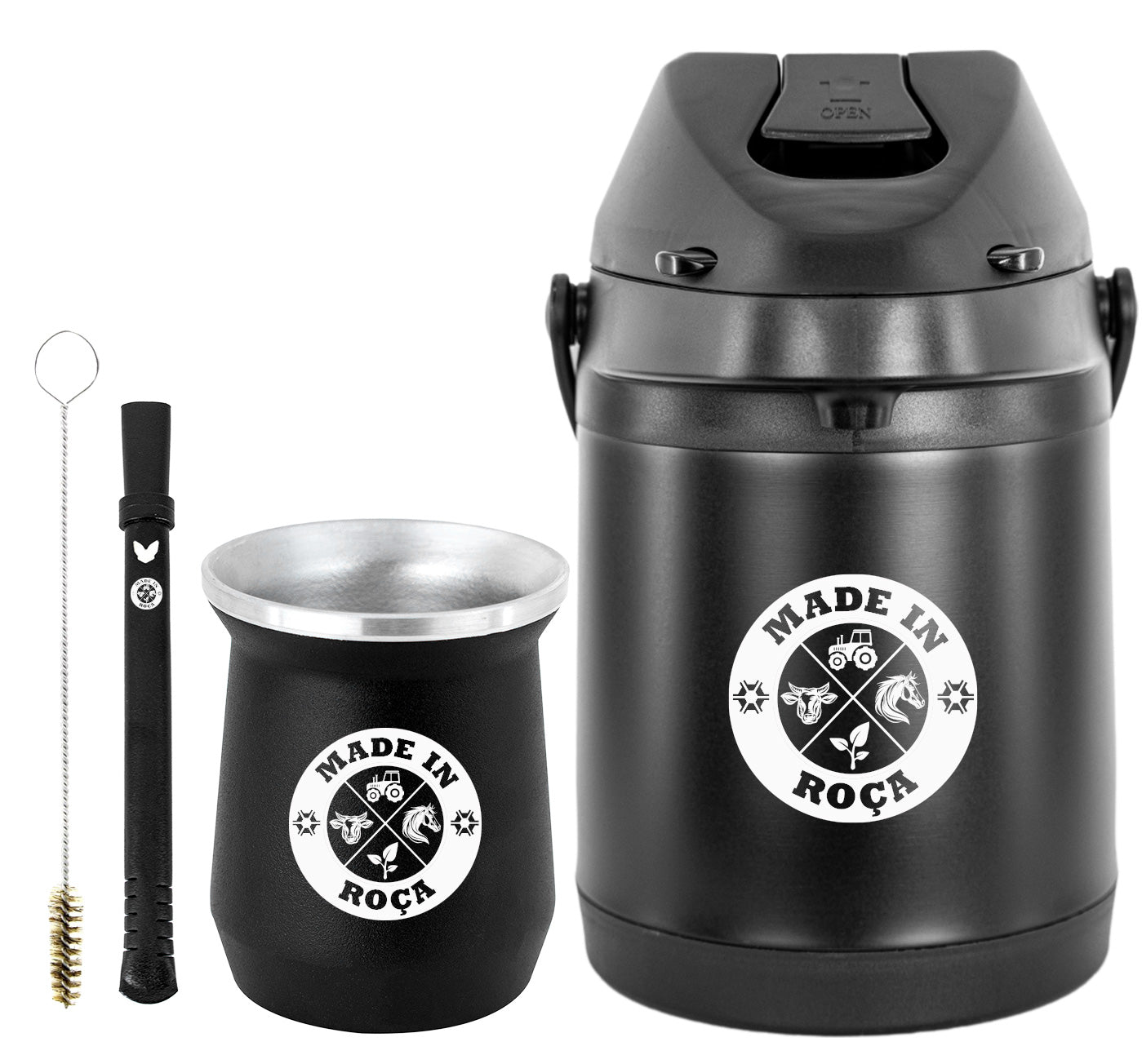 Kit Tereré Econo Copo Bomba Garrafa Térmica Preto 2.5l Logo Made in Roça