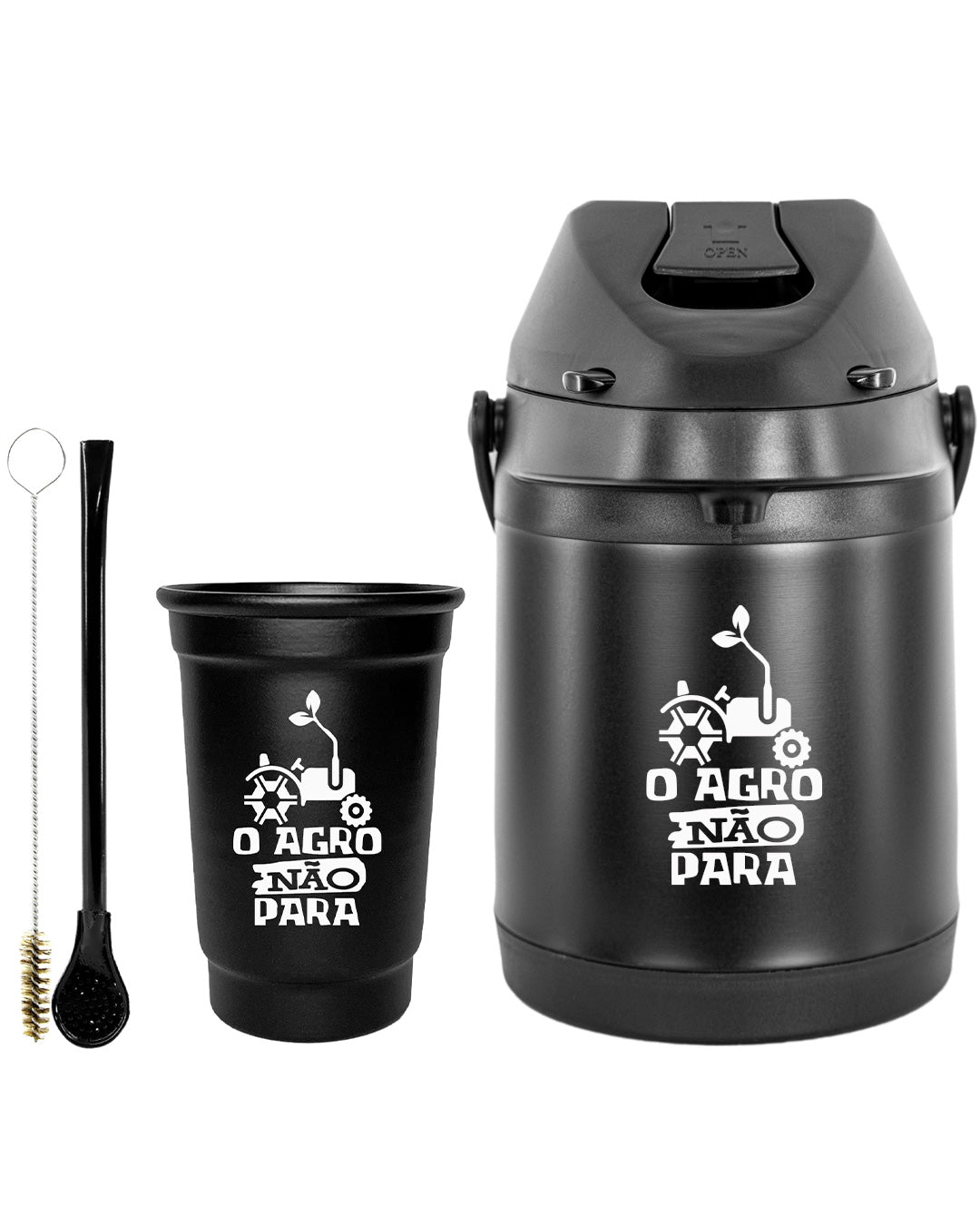 Kit Tereré Econo Copo Bomba Garrafa Térmica Preto 2.5l O Agro Não Para