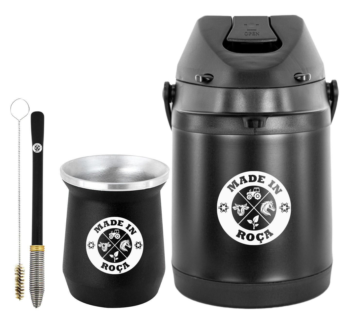 Kit Tereré Econo Copo Bomba Garrafa Térmica Preto 2.5l Logo Made in Roça