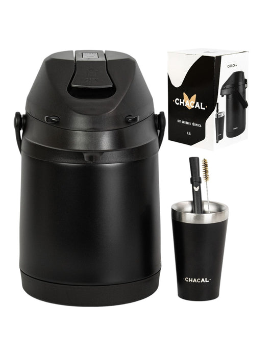Kit Tereré Chacal Copo Bomba Garrafa Térmica Inox Preto 2.5l