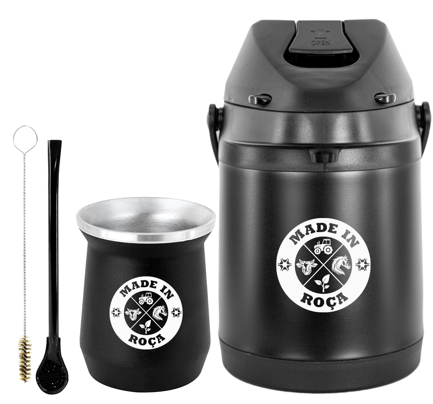 Kit Tereré Econo Copo Bomba Garrafa Térmica Preto 2.5l Logo Made in Roça