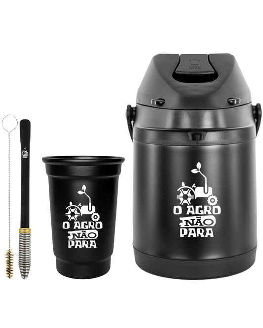 Kit Tereré Econo Copo Bomba Garrafa Térmica Preto 2.5l O Agro Não Para