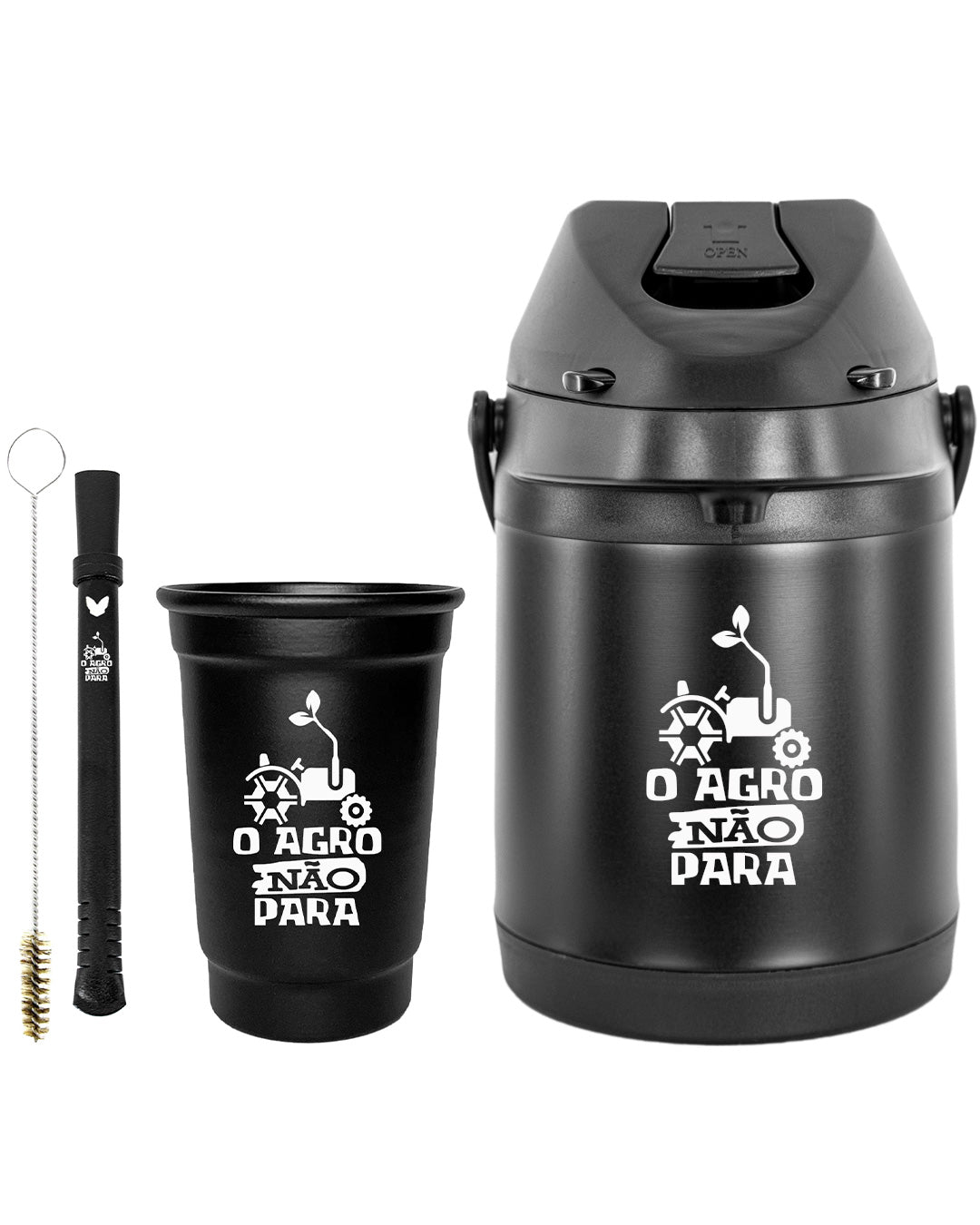 Kit Tereré Econo Copo Bomba Garrafa Térmica Preto 2.5l O Agro Não Para