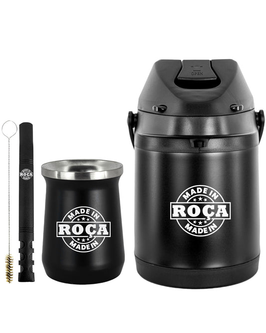 Kit Tereré Premium Copo Bomba Garrafa Térmica Preto 2.5l Made in Roça Escrita