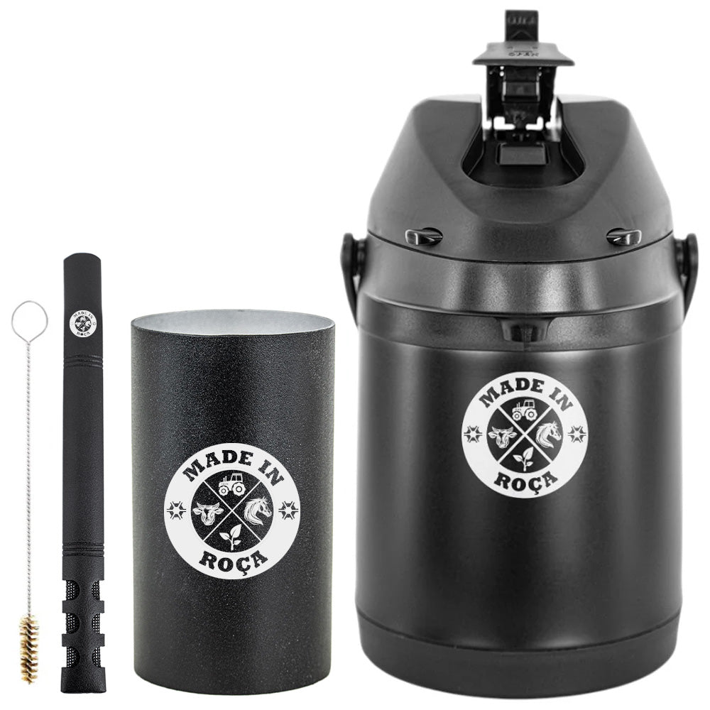 Kit Tereré Premium Copo Bomba Garrafa Térmica Preto 2.5l Logo Made in Roça