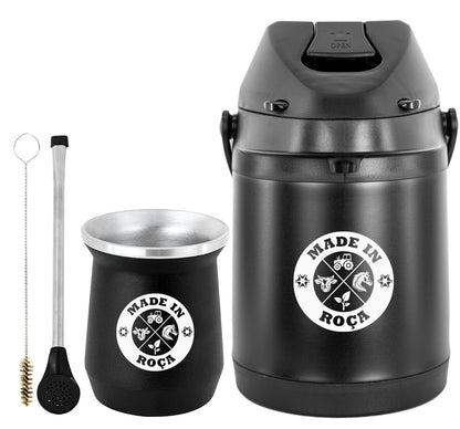 Kit Tereré Econo Copo Bomba Garrafa Térmica Preto 2.5l Logo Made in Roça