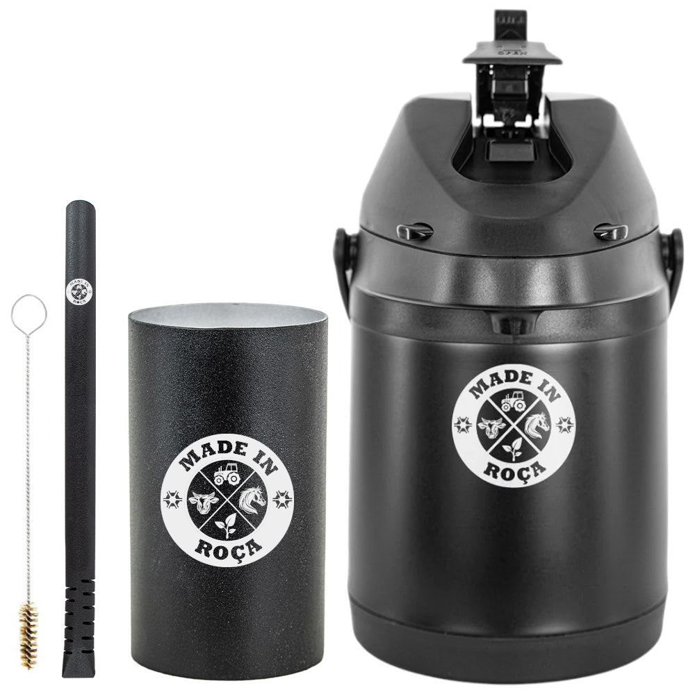 Kit Tereré Premium Copo Bomba Garrafa Térmica Preto 2.5l Logo Made in Roça