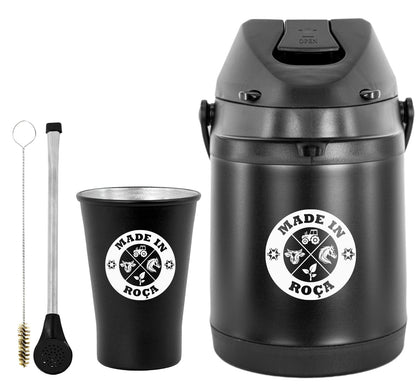 Kit Tereré Econo Copo Bomba Garrafa Térmica Preto 2.5l Logo Made in Roça
