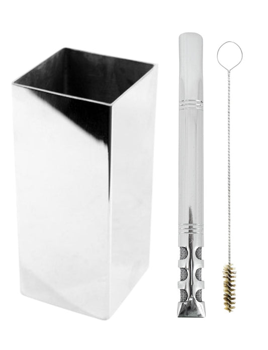 Kit Bomba E Copo Quadrado Terere Aço Inox Silver - Escolha a Bomba