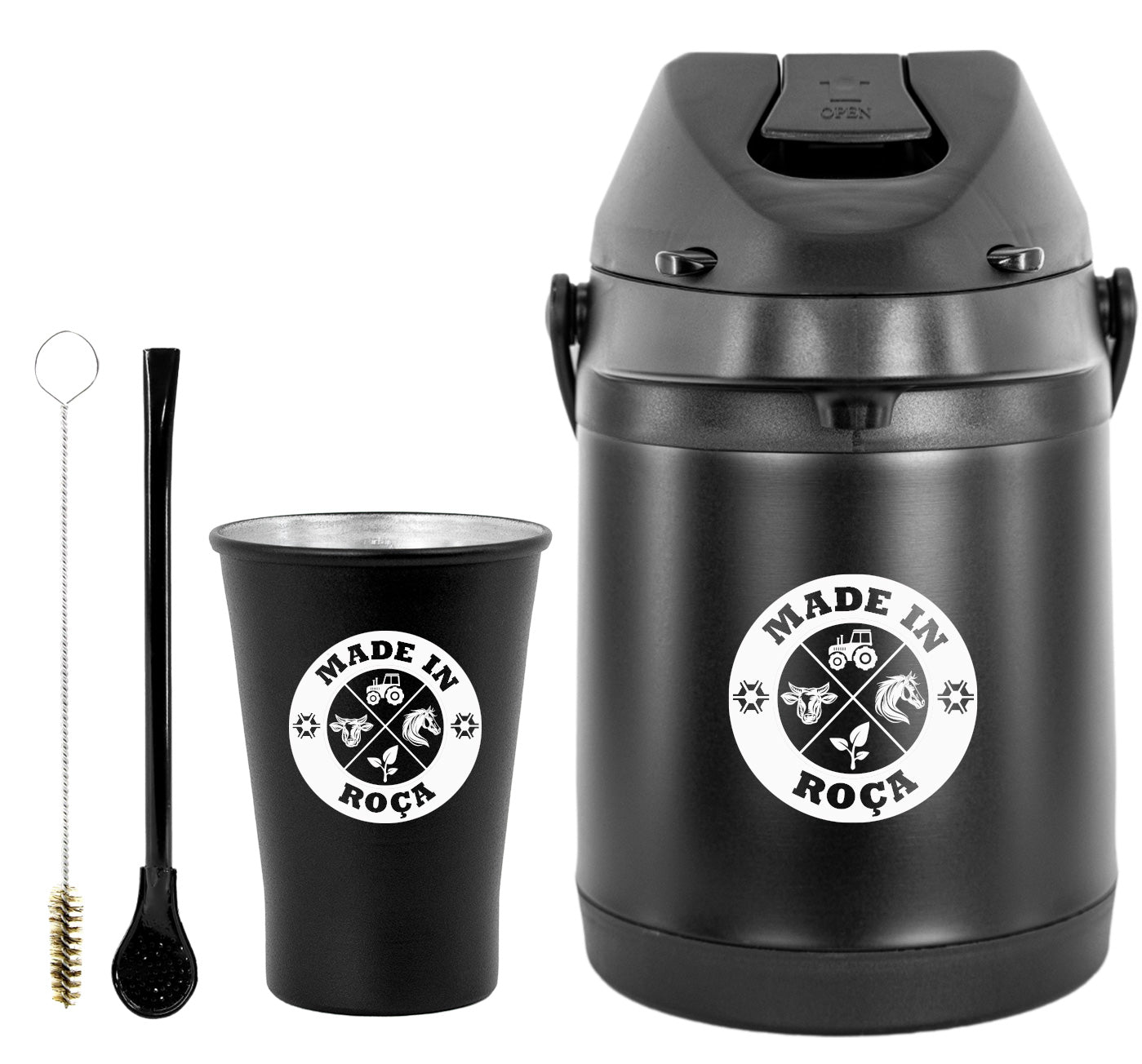 Kit Tereré Econo Copo Bomba Garrafa Térmica Preto 2.5l Logo Made in Roça