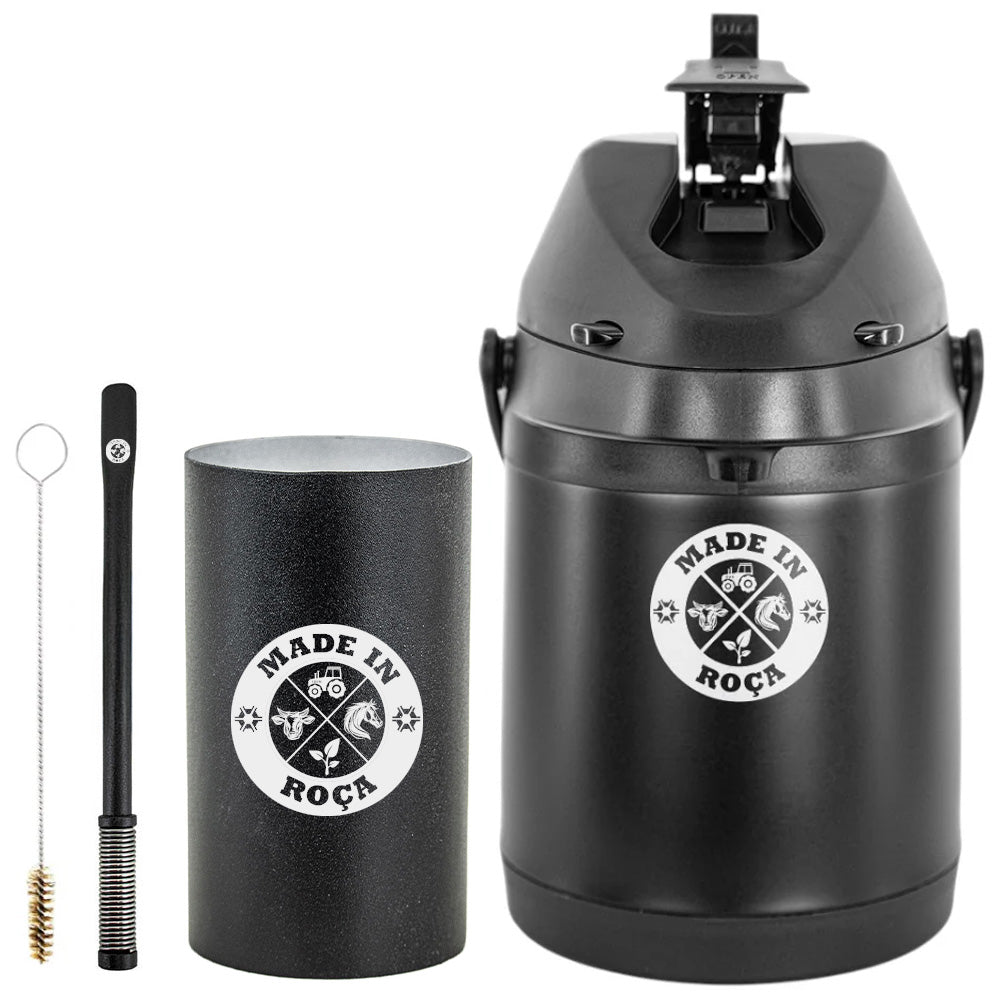 Kit Tereré Premium Copo Bomba Garrafa Térmica Preto 2.5l Logo Made in Roça