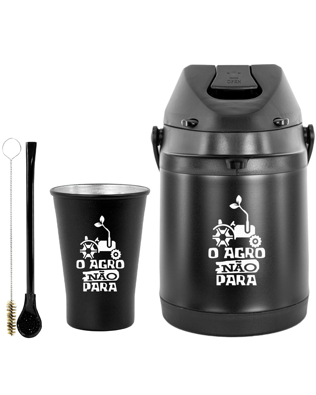 Kit Tereré Econo Copo Bomba Garrafa Térmica Preto 2.5l O Agro Não Para