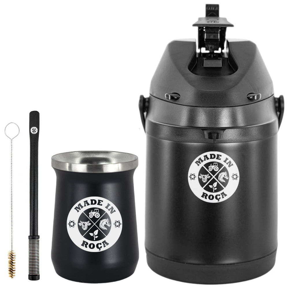 Kit Tereré Premium Copo Bomba Garrafa Térmica Preto 2.5l Logo Made in Roça