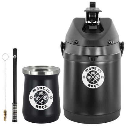 Kit Tereré Premium Copo Bomba Garrafa Térmica Preto 2.5l Logo Made in Roça