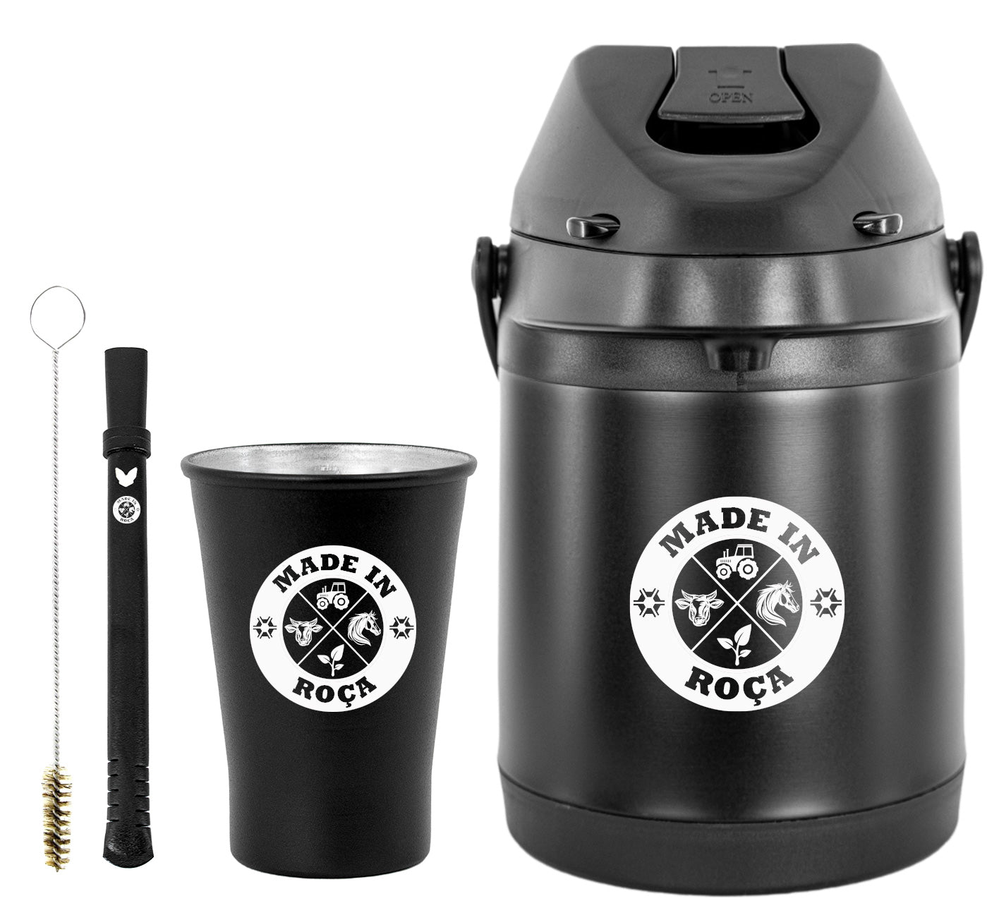 Kit Tereré Econo Copo Bomba Garrafa Térmica Preto 2.5l Logo Made in Roça