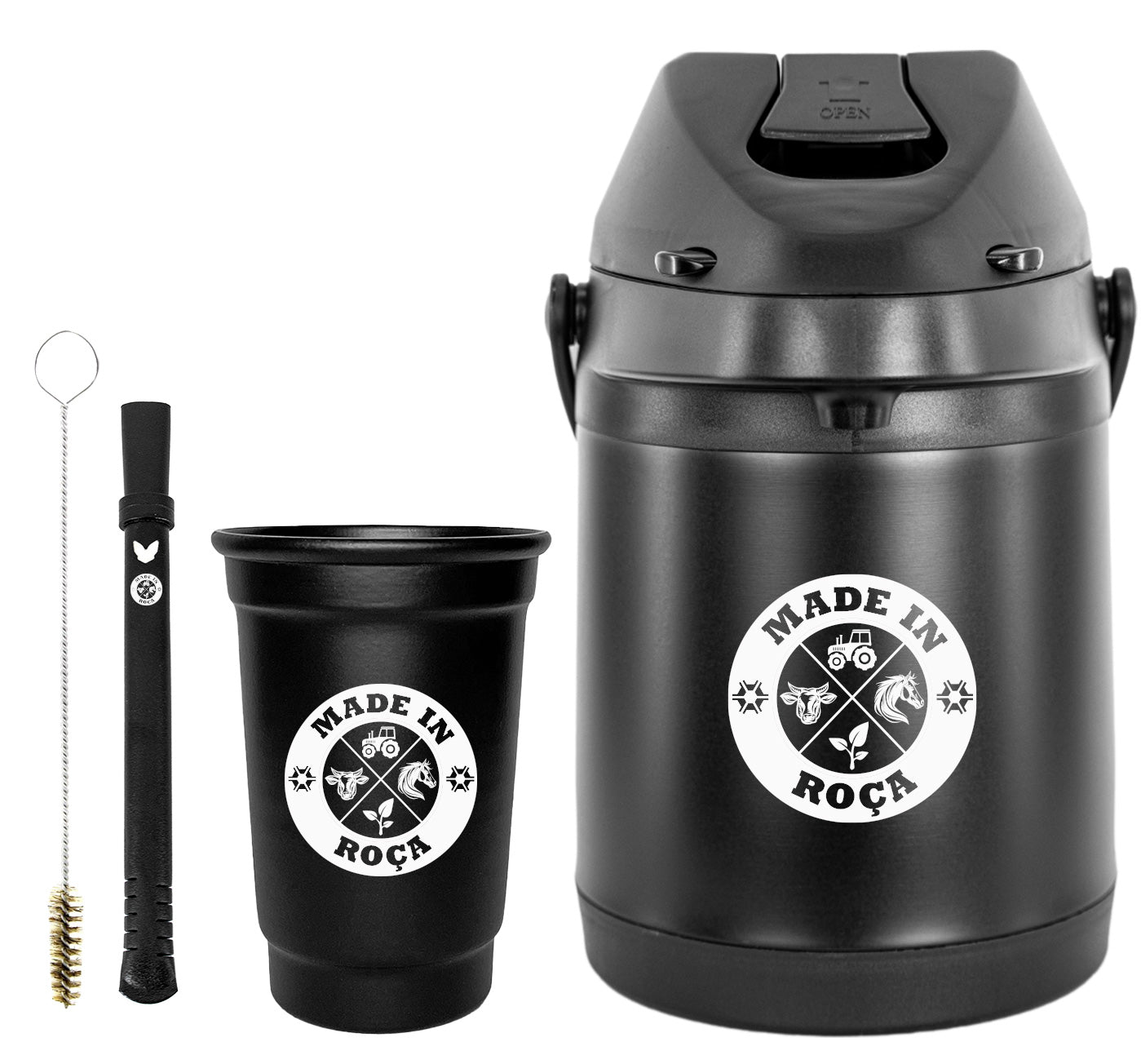 Kit Tereré Econo Copo Bomba Garrafa Térmica Preto 2.5l Logo Made in Roça