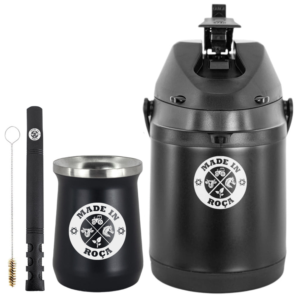 Kit Tereré Premium Copo Bomba Garrafa Térmica Preto 2.5l Logo Made in Roça