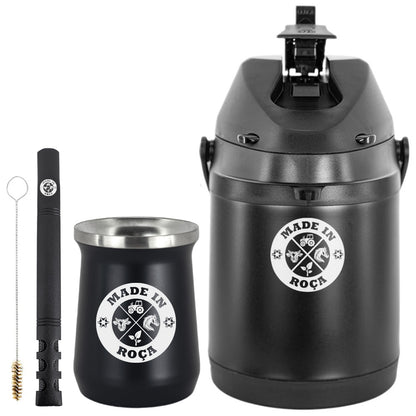 Kit Tereré Premium Copo Bomba Garrafa Térmica Preto 2.5l Logo Made in Roça