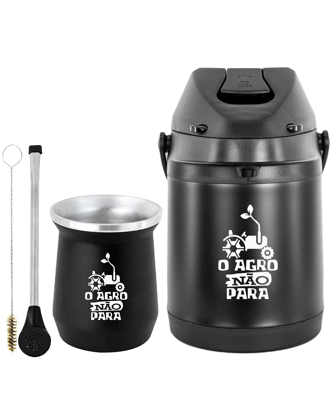 Kit Tereré Econo Copo Bomba Garrafa Térmica Preto 2.5l O Agro Não Para