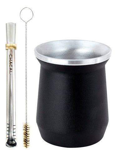 Kit Tereré Cuia Térmica Alumínio Preto Bomba Chacal Inox
