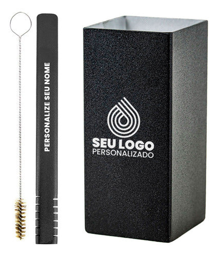 Kit Tereré Copo Quadrado Bomba Filete Preto - Seu Logo Personalizado